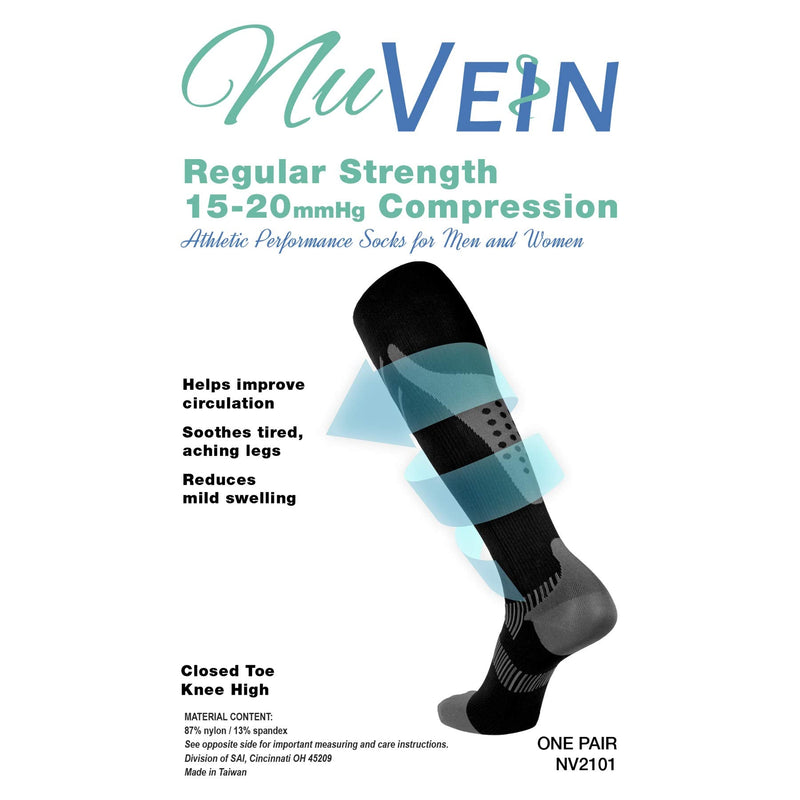 [Australia] - NuVein Compression Socks, 15-20 mmHg Support for Athletic Performance and Medical Recovery, Knee High, Closed Toe, Silver on Black, Large 