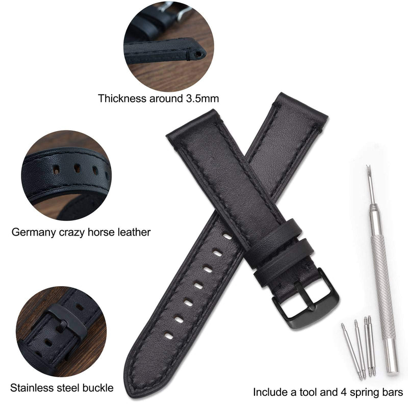 [Australia] - WOCCI Watch Bands 18mm 20mm 22mm 24mm， Germany Crazy Horse Cowhide Leather Watch Strap with Stainless Steel Buckle 18mm - 11/16" Black / Black Buckle 