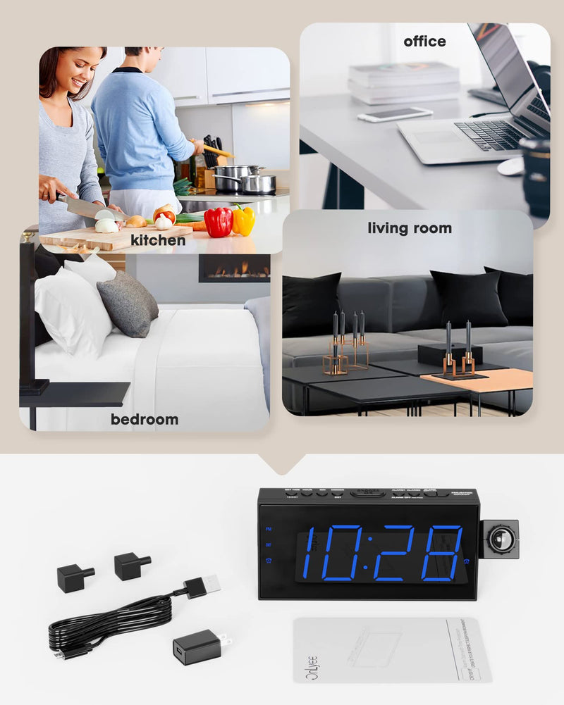 [Australia] - Projection Alarm Clock for Bedroom,LED Digital Clock Projection on Ceiling Wall with USB Phone Charging,Battery Backup,180°Projector& Dimmer,12/24H,DST,Snooze,Dual Loud Bedside Clock for Heavy Sleeper Black 