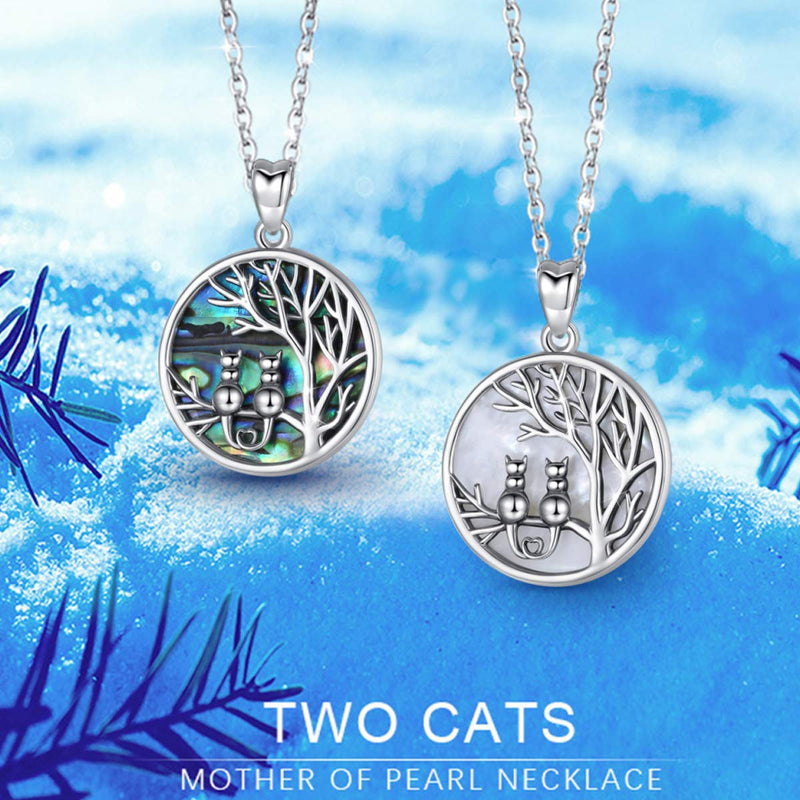 [Australia] - AEONSLOVE Sterling Silver Tree of Life Necklace, Abalone Shell Cat Neckless Pendant, Family Tree Cat Lover Gifts for Women Girls 
