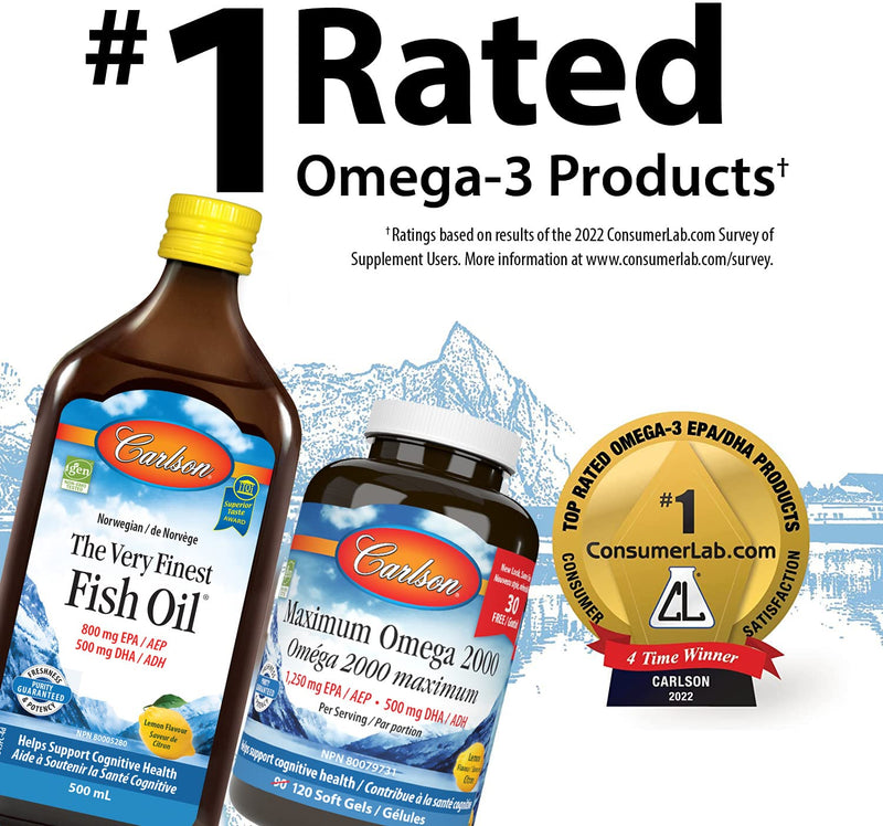 [Australia] - Carlson - Maximum Omega 2000, 2000 mg Omega-3 Fatty Acids Including EPA and DHA, Wild-Caught, Norwegian Fish Oil Supplement, Sustainably Sourced Fish Oil Capsules, Lemon, 90+30 Softgels 120 Count (Pack of 1) 