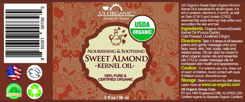 [Australia] - New_US Organic Sweet Almond Kernel Oil, USDA Certified Organic,100% Pure & Natural, Cold Pressed Virgin, Unrefined in Amber Glass Bottle w/Glass Eyedropper for Easy Application (2 oz (56 ml)) 2 Ounce (56 ml) 