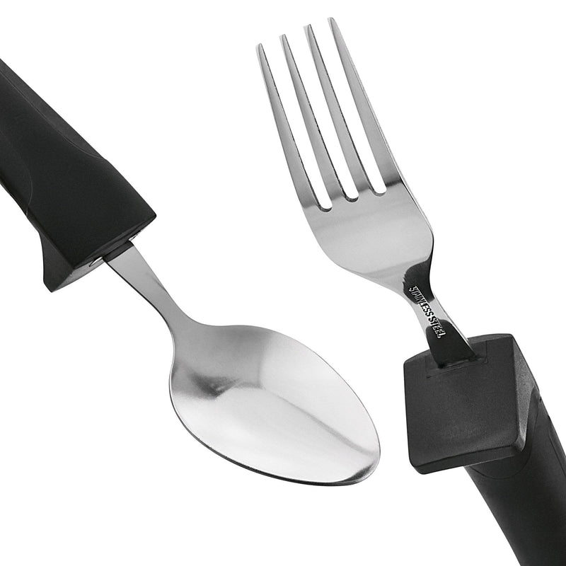 [Australia] - Adaptive Eating Utensils by Celley for Parkinson's, Arthritis, MS, Elderly, Hand Tremors, Handicapped | 4pc Easy Grip Silverware Stainless Steel Knife, Fork, 2 Spoons – (Black) Black 
