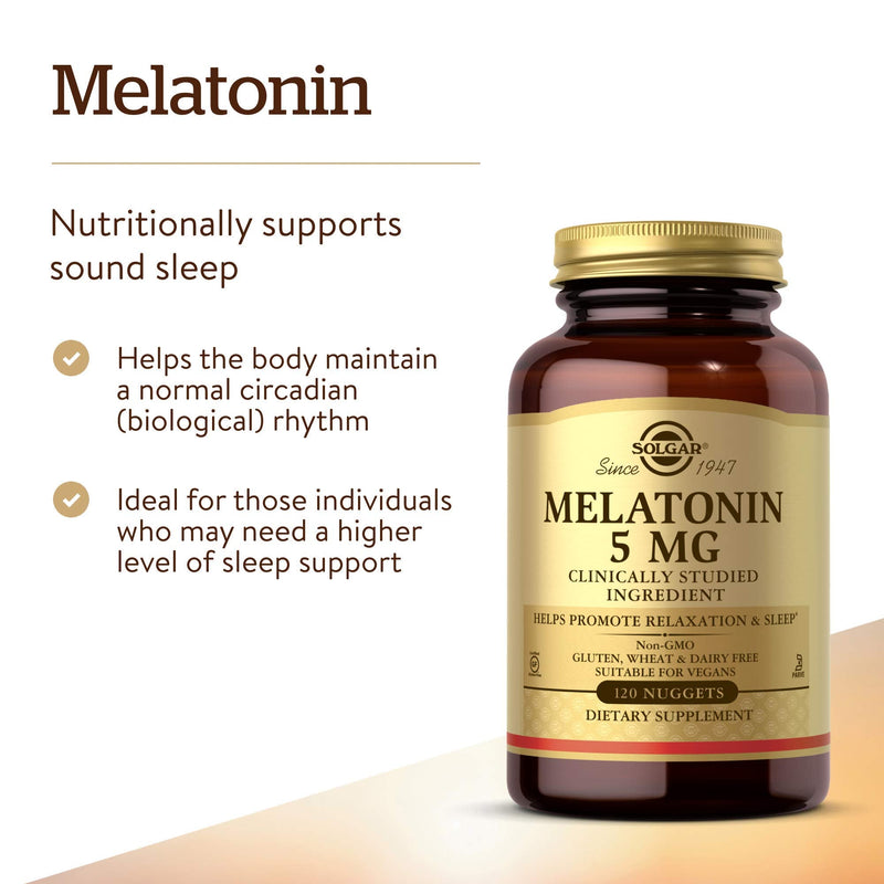 [Australia] - Solgar Melatonin 5 mg, 120 Nuggets - Helps Promote Relaxation & Sleep - Clinically-Studied Melatonin - Supports Natural Sleep Cycle - Vegan, Gluten Free, Dairy Free, Kosher - 120 Servings 