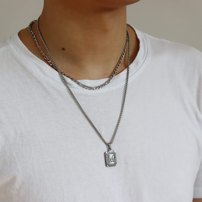 [Australia] - Silver Initial Necklaces for Men Women Square Initial Letter Pendant Necklace Capital Letter A-Z Necklace Box Chain 