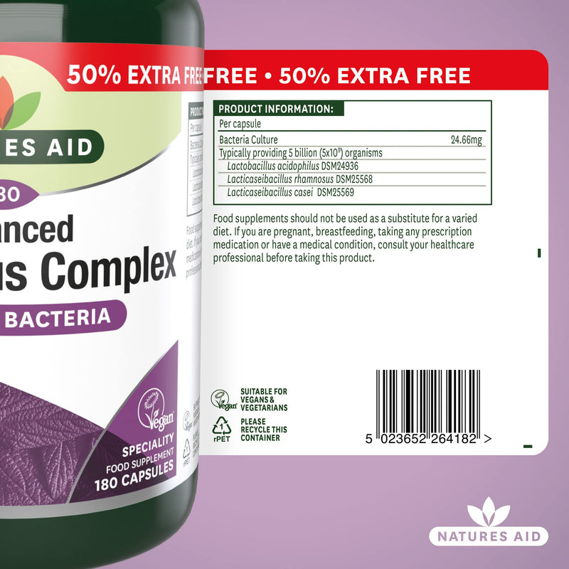 [Australia] - Natures Aid Acidophilus Complex, 5 Billion Bacteria, 180 Capsules (Lactobacillus Acidophilus, Lactobacillus Rhamnosus, Lactobacillus Casei, Good Bacteria, Shelf Stable, Vegan Society Approved) 