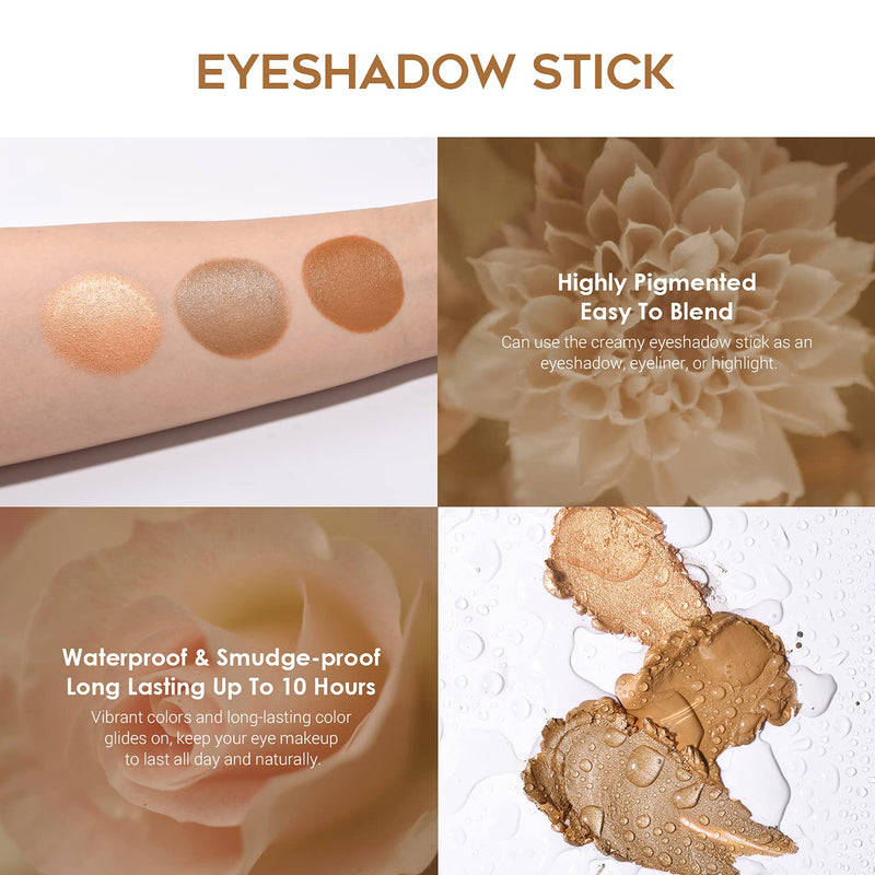 [Australia] - LUXAZA 3Pcs Neutral Eyeshadow Stick Set, Shimmer Brown And Metallic Cream Eyeshadow Pen,Long Lasting Waterproof Smoky Eye Shadow Pencil 