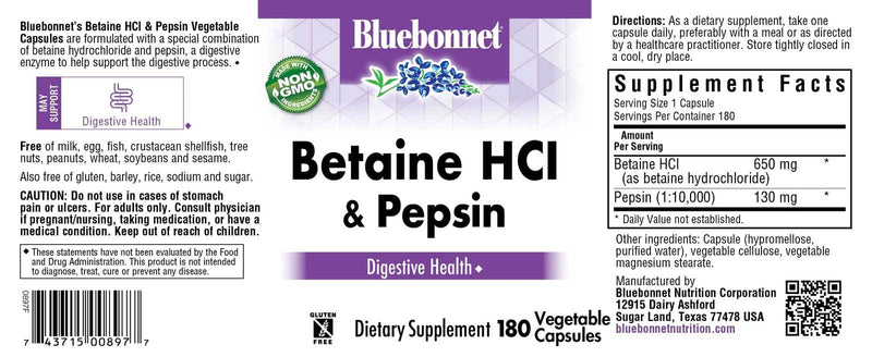 [Australia] - BlueBonnet Betaine HCI Plus Pepsin Vegetarian Capsules, 180 Count, White (743715008977) 