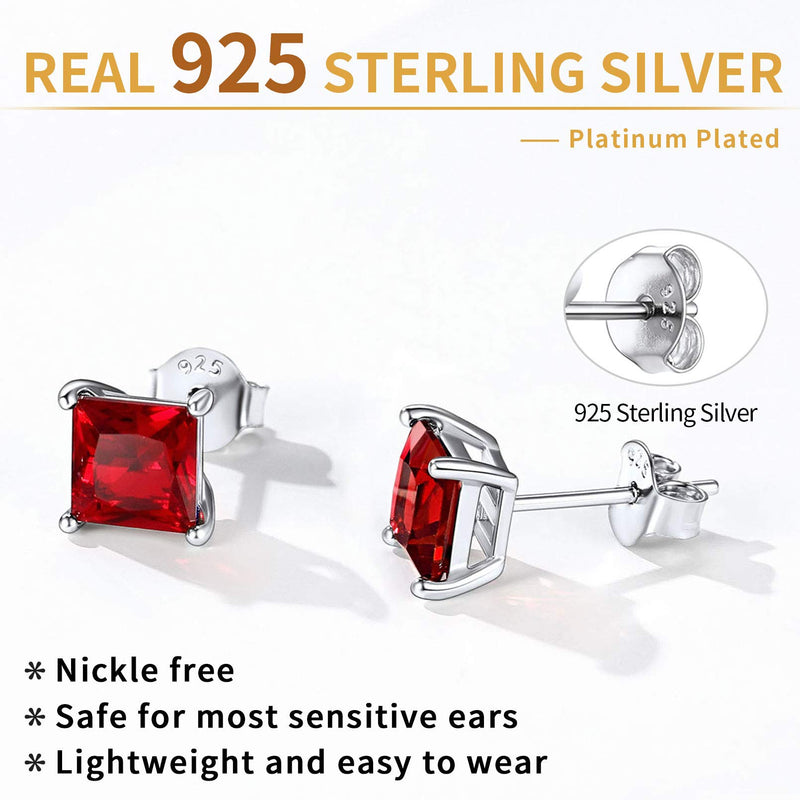 [Australia] - ChicSilver 925 Sterling Silver Sparkling Heart/Round/Princess Cut Birthstone Stud Earrings for Women Birthday Jewelry (with Gift Box) Princess Cut 01. january - garnet 