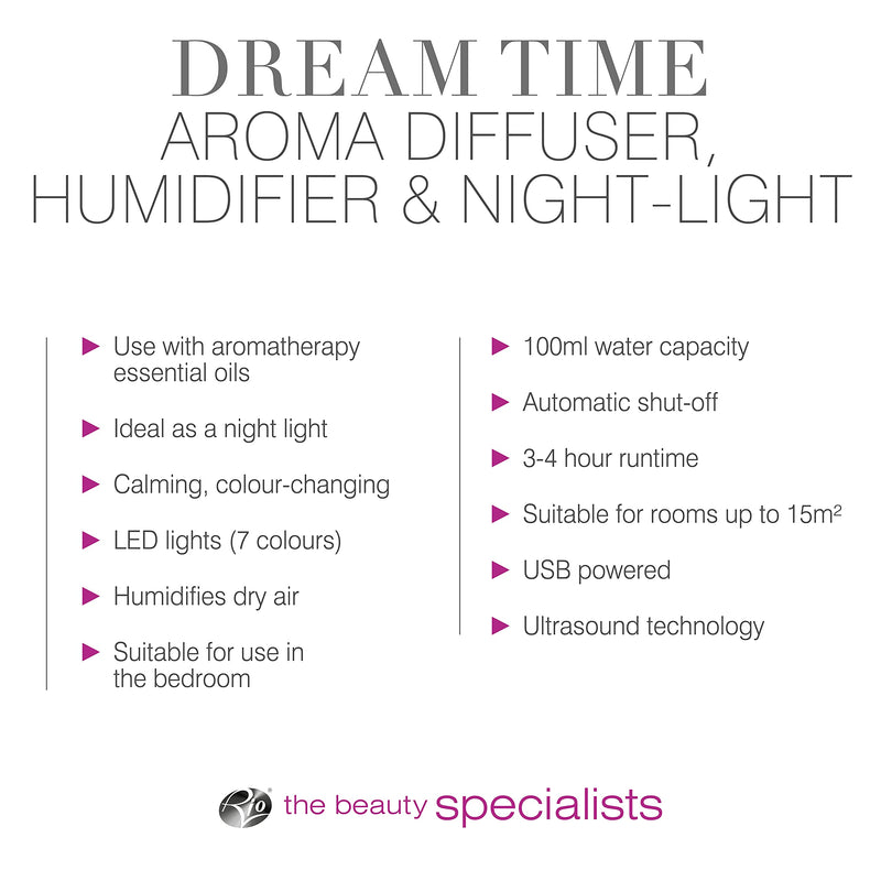 [Australia] - Rio Dream Time Aromatherapy Oil Diffuser, Humidifier, Night Light. 100ml Ultrasonic Cool Mist and 7 Colour Changing Lights 