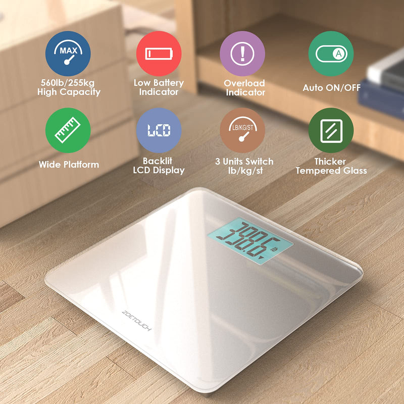 [Australia] - ZOETOUCH Scale for Body Weight 560 lbs 255kg ,High Capacity Precision Digital Bathroom Weighing Scale with Extra Wide Platform,4.2 Inch Backlit LCD Display,Tape Measure and 4 AAA Batteries Included Silver 