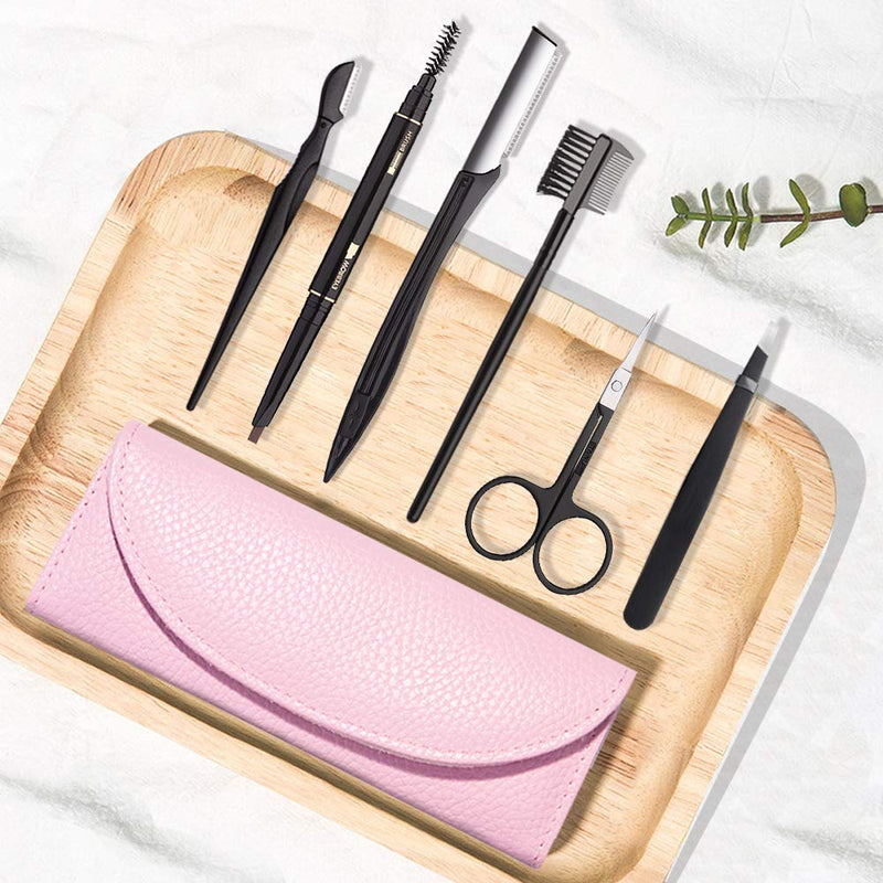 [Australia] - Eyebrow Kit, BOYI 6 in 1 Tweezers for Eyebrows, All-in-one Eyebrow Grooming Set Dermaplaning Tool Eyebrow Razor Brush Scissors Brown Eyebrow Pencil with Leather Pouch (A-Pink) A-Pink 