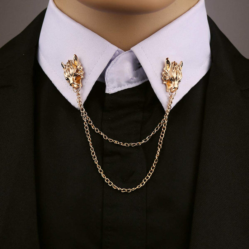 [Australia] - YOOE Punk Wolf Head Long Chain Brooch. Gold Silver Chain Tassel Brooch Pin, Cool Animal Head Collar Coat Pin for Men's Corsage Pin 