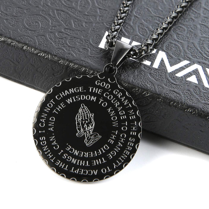 [Australia] - HZMAN Bible Verse Prayer Necklace Christian Jewelry Gold Stainless Steel Praying Hands Coin Medal Pendant Black 