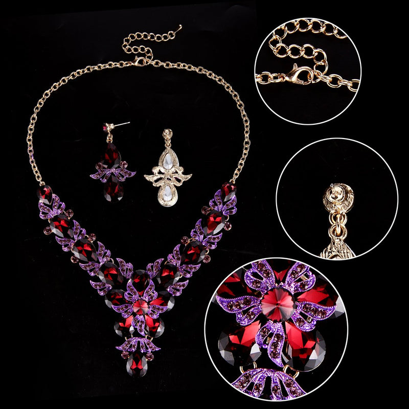 [Australia] - EVER FAITH Rhinestone Crystal Elegant Wedding Flower Leaf Teardrop Necklace Earring Set Purple Gold-Tone 