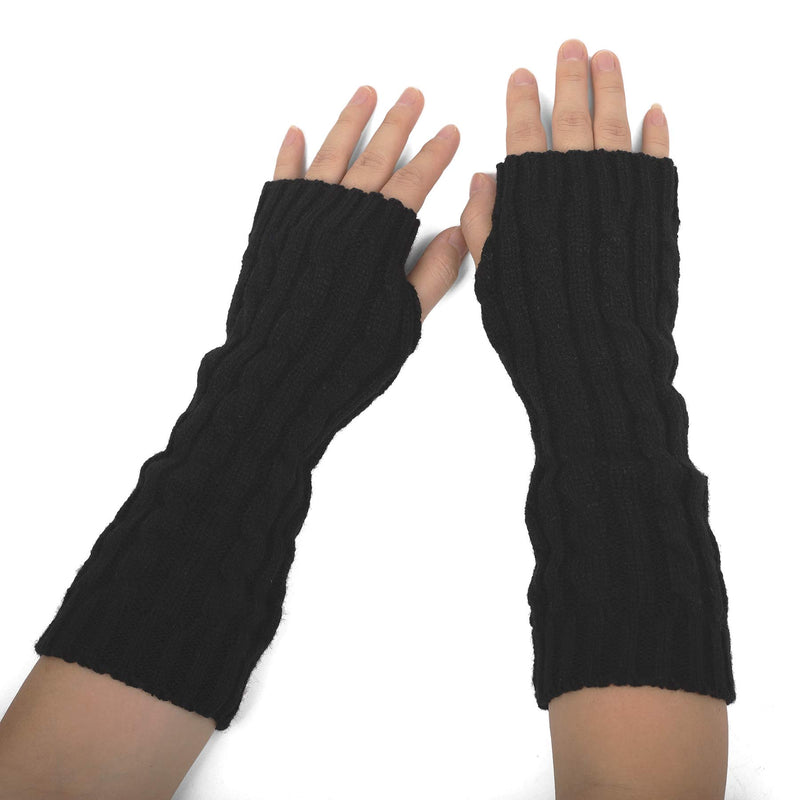 [Australia] - Flammi Women's Cable Knit Arm Warmers Fingerless Gloves Thumb Hole Gloves Mittens Black 