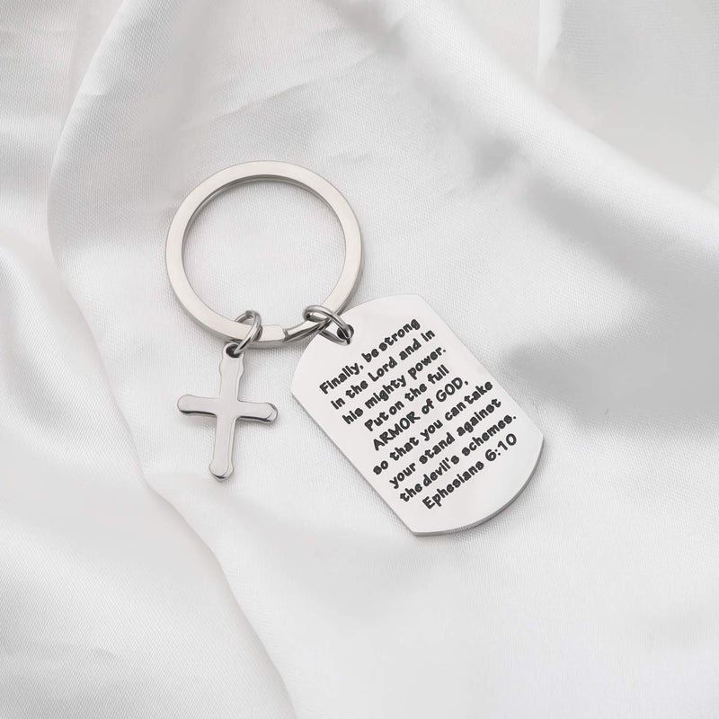 [Australia] - FUSTMW Christian Keychain Bible Verse Gifts Armor of God Cross Charm Ephesians 6:10 Religious Jewelry Confirmation Gifts silver 