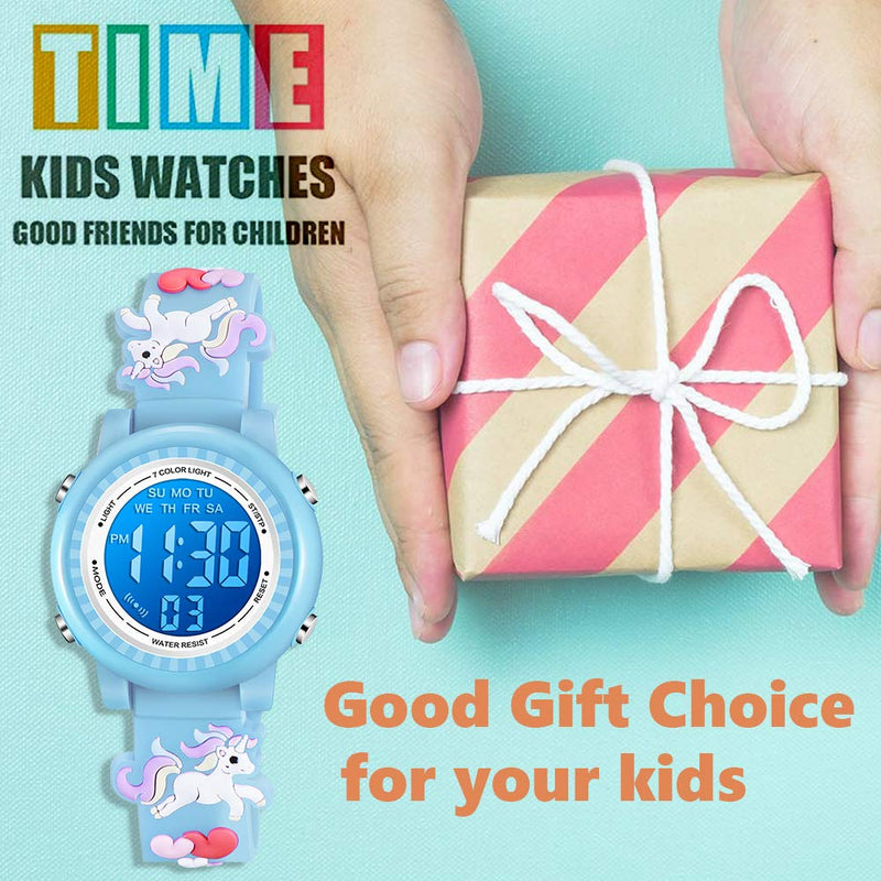 [Australia] - Venhoo Kids Watches 3D Cartoon Waterproof 7 Color Lights Toddler Digital Wrist Watch with Alarm Stopwatch for 3-10 Year Girls Little Child Blue 