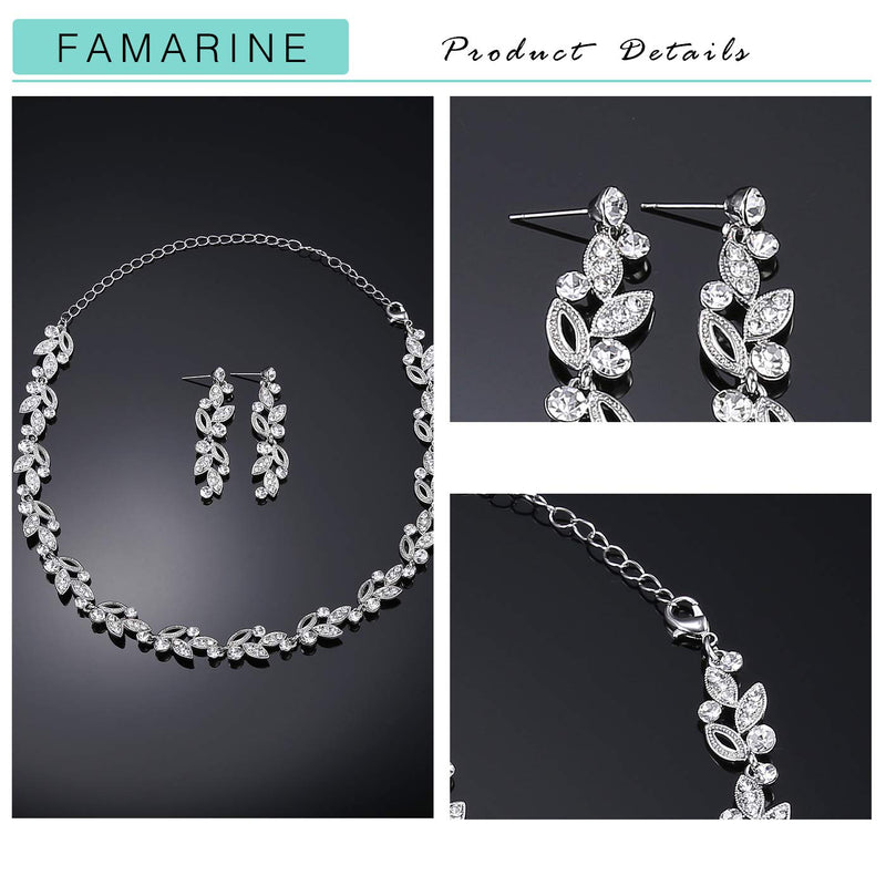 [Australia] - FAMARINE Silver Bridal Jewelry Set, Clear Crystal Wedding Drop Earringsnd Necklace for Bride Bridesmaid 