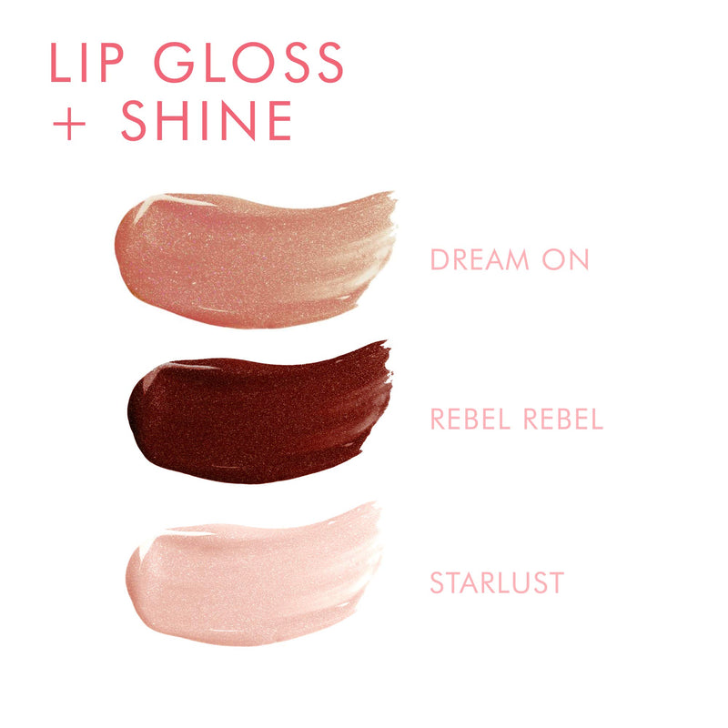 [Australia] - Beauty For Real 3-Some Lip Trio, Rock & Rose - Includes Lip Gloss + Shine in Starlust, Dream On & Rebel Rebel - Non-Sticky Plumping & Hydrating Gloss - LED Light & Mirror in Cap ROCK + ROSE 