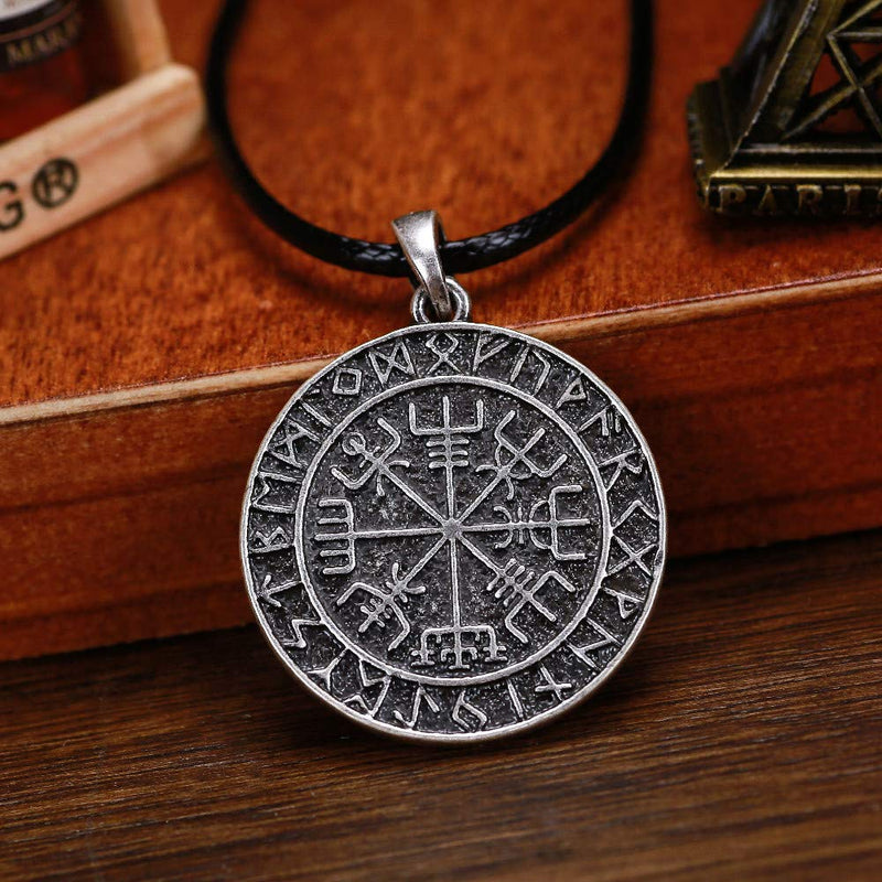 [Australia] - HAQUIL Viking Jewelry Viking Compass Vegvisir Pendant Necklace with Leather Cord for Men and Women 1 