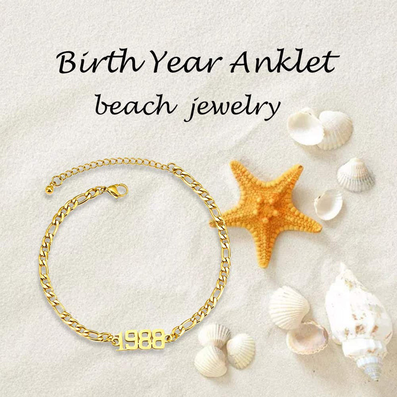 [Australia] - Birth Year Number Anklets Bracelet 18K Gold Plated Figaro Link Chain Anklets Adjustable Dainty Beach Foot Jewelry Anniversary Birthday Gift for Women Girls Gold-1988 