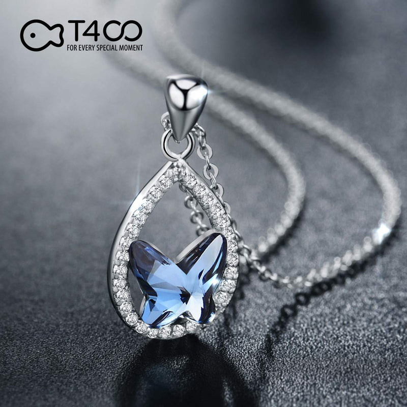 [Australia] - T400 925 Sterling Silver Blue Butterfly Crystal Pendant Necklace Dangling Stud Earrings Jewelry Set Birthday Gift for Women Girls Waterdrop 