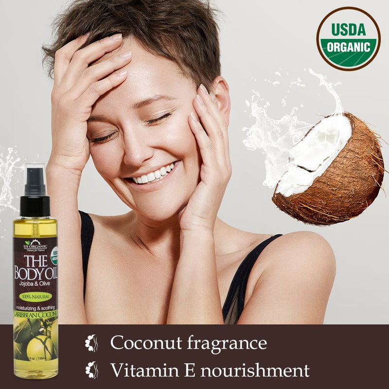 [Australia] - US Organic Body Oil-Blend of Jojoba and Olive Oil with fragrance of Smooth Caribbean Coconut-Vitamin E, USDA Certified, No Alcohol, Paraben, Artificial Detergents, Color or Synthetic perfumes, 5 Fl.oz 