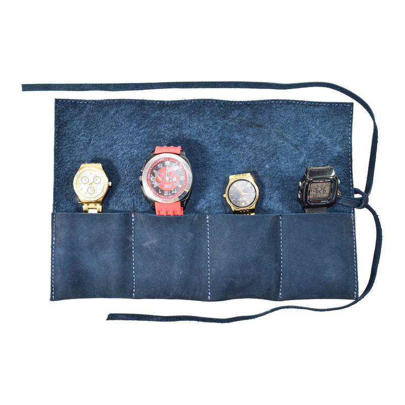 [Australia] - Hide & Drink, Durable Leather Travel Watch Roll Organizer Holds Up To 4 Watches, Handmade Includes 101 Year Warranty :: Blue Suede 