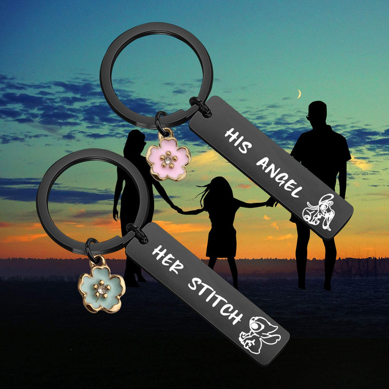 [Australia] - CYTING Her Stitch His Angel Keychain Set With Hibiscus Flower Charm Hawaiian Jewelry Gift For Couples Family Best Friends Her Stitch His Angel-black 