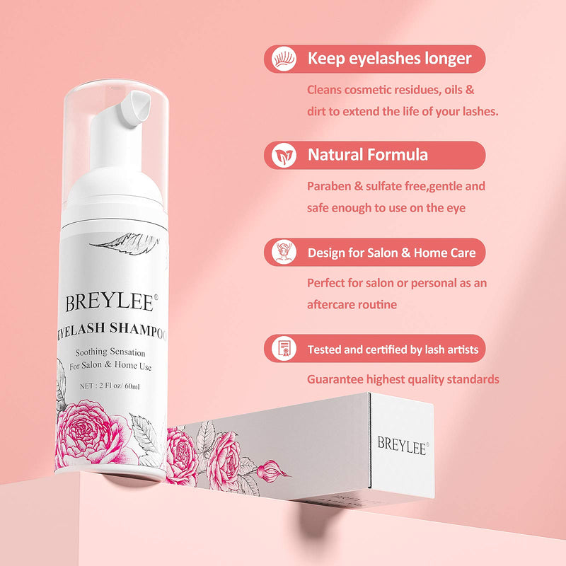 [Australia] - Eyelash Extension Cleanser, BREYLEE Eyelash Extension Shampoo Eyelash Extension Foam & Brushes Eyelid Cleanser for Makeup Remover Paraben & Sulfate Free for Salon and Home Use(60ml, 2 fl oz) 