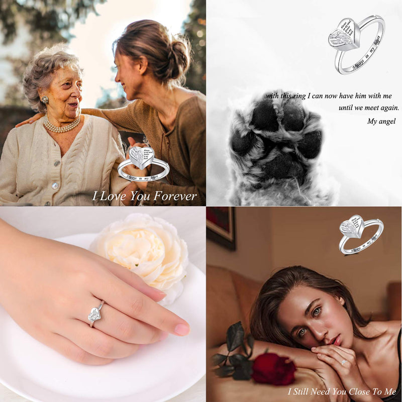 [Australia] - IOHUPCI 925 Sterling Silver Cremation Urn Ring Holds Loved Ones Ashes Angel Wing Heart Cremation Keepsake Ring Jewelry for Pet Human Ash 7 