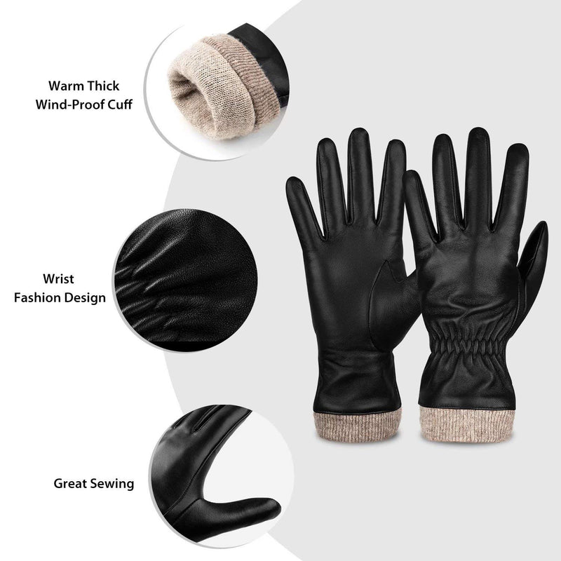 [Australia] - Genuine Sheepskin Leather Gloves For Women, Winter Warm Touchscreen Texting Cashmere Lined Driving Motorcycle Dress Gloves Black(cashmere Lining) S-6.5 