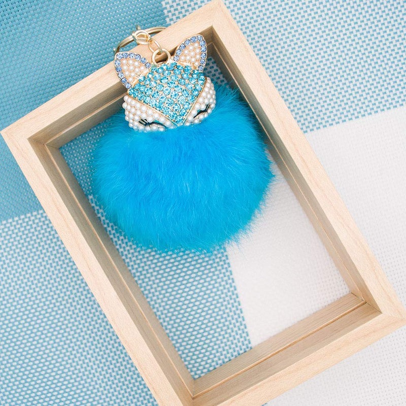 [Australia] - HOYUNLA Rabbit Fur Ball Pom Pom Keychain with Fox Head Inlay Pearl Rhinestone for Women Backpack Car Key Chain Decoration Bright Blue 