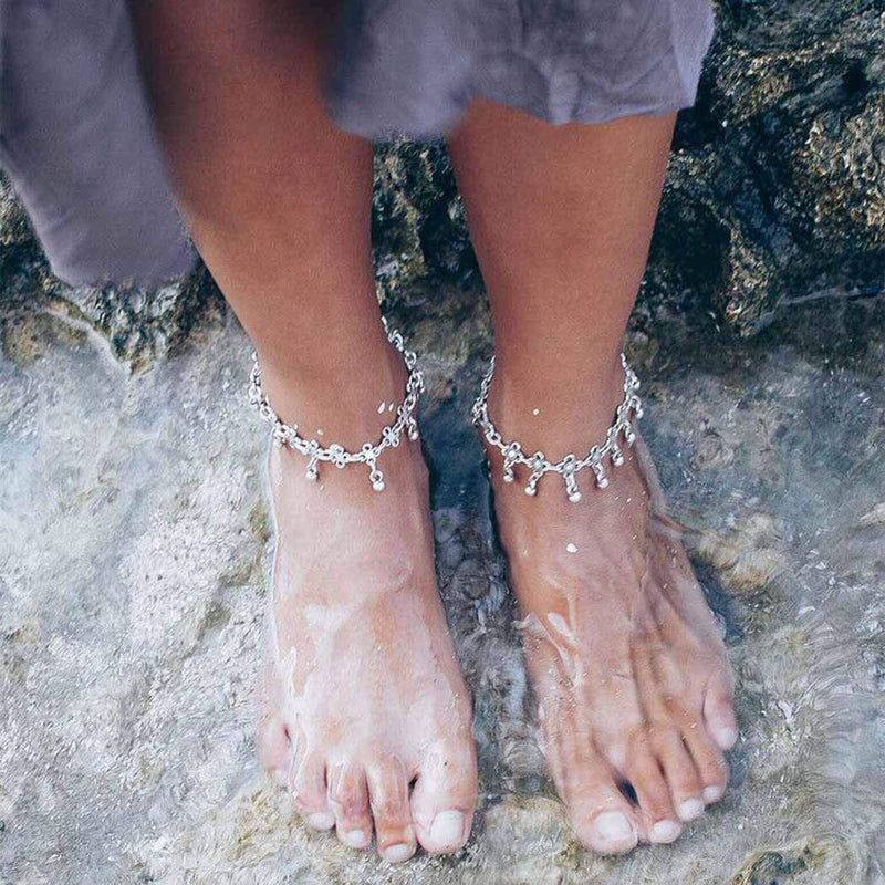[Australia] - Kakaco Boho Tassel Anklet Bracelets Silver Beaded Ankle Bracelet Flower Beach Jewelry for Women and Girls（2 PCs） 