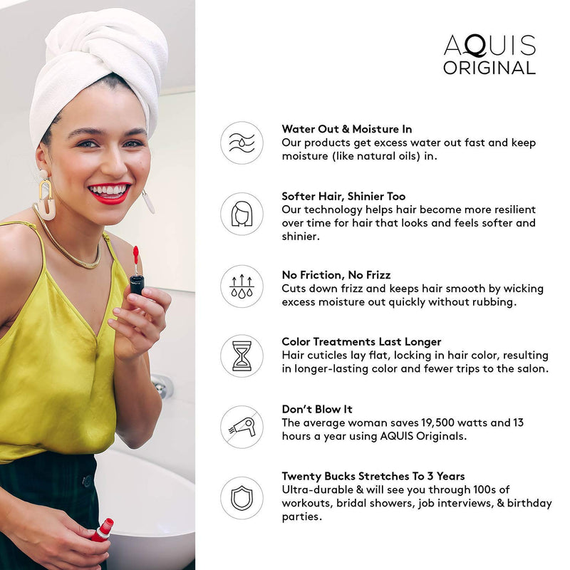 [Australia] - AQUIS - Original Hair Towel, Ultra Absorbent & Fast Drying Microfiber Towel for Fine & Delicate Hair, White, Regular (19 x 39 Inches) Regular (19x39 inches) 