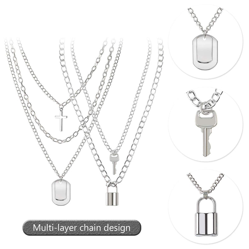 [Australia] - BVROSKI Chains Necklace for Eboy Egirl Men Male Emo Goth Women Teen Girls Boys,2 Layered Lock Key Pendants Necklaces Set,Stainless Steel Jewelry Pack for Pants Punk Play Cross 3pcs + Key Lock Silver (5 layer) 