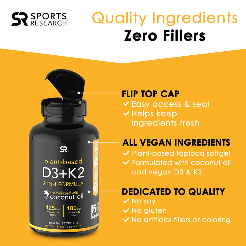 [Australia] - Sports Research Vegan Vitamin D3 + K2 Supplement with Organic Coconut Oil - 5000iu Vitamin D with 100mcg Mk7 Vitamin K - Supports Calcium for Stronger Bones & Immune Health - 60 Softgels for Adults D3 + K2 (5,000 IU) 60 Count (Pack of 1) 
