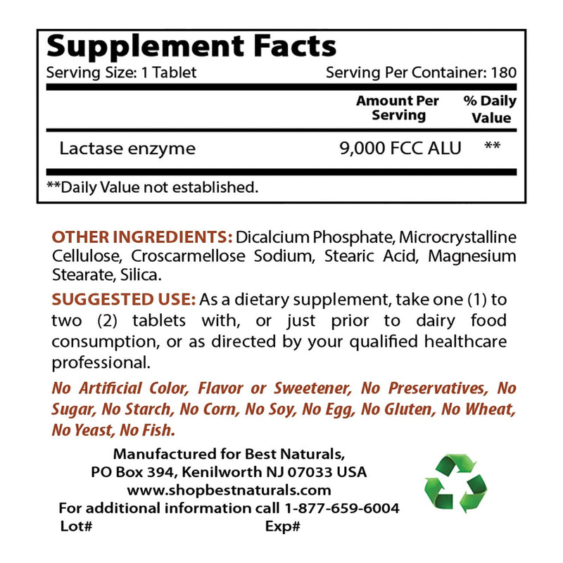 [Australia] - Best Naturals Lactose Intolerance Relief Tablets with Natural Lactase Enzyme, Fast Acting High Potency Lactase, 9000 FCC ALU, 180 Count 