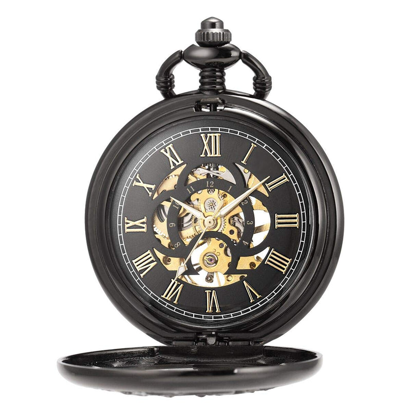 [Australia] - ManChDa Mens Antique Mechanical Pocket Watch Lucky Dragon & Phoenix Retro Skeleton Dial with Chain 1.Black 