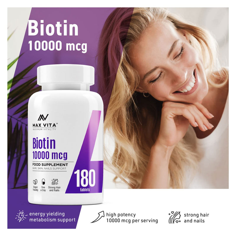 [Australia] - Biotin 10,000mcg High Strength Supplement for Men and Women|Supports Healthy Hair, Skin & Nails|180 Vegetarian Tablets (Non-GMO, Gluten Free) Made in The UK 