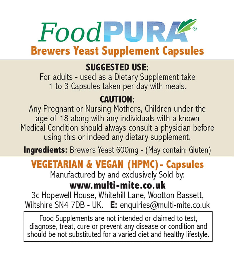 [Australia] - Food PURA 60 X Brewers Yeast Capsules HIGH Strength - Non Debittered - Take Less Tablets Daily Suitable for Vegetarians & Vegans 