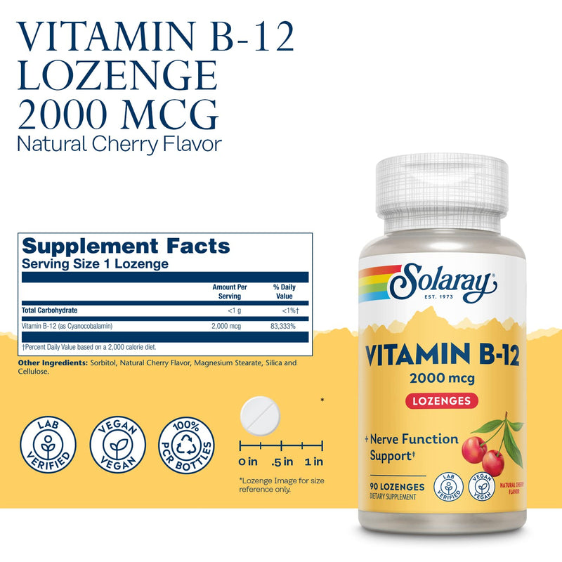 [Australia] - Solaray Vitamin B-12 2000 mcg, Sugar-Free Natural Cherry Flavor, Healthy Energy & Red Blood Cell Support, 90 Lozenges 