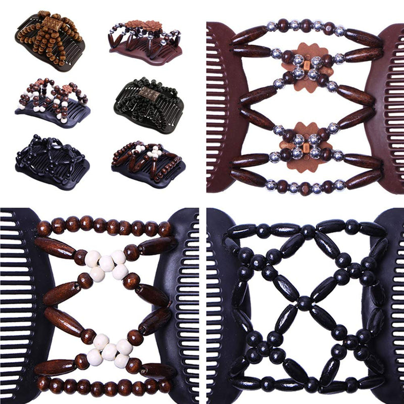 [Australia] - 6Pcs Magic Hair Comb Double Row Wooden Bead Hair Comb Stretchy Hair Comb Clip Hair Accessories for Girls Women 