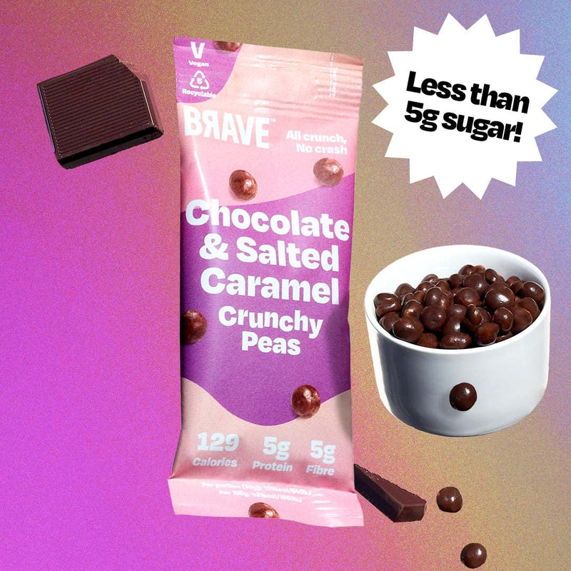 [Australia] - BRAVE Roasted Peas: Chocolate & Salted Caramel - Delicious Healthy Snacks - Vegan, Dairy-free - Source of Plant Protein & Fibre - Lower Sugar - Plant-based - Box of 12 packs (30g each) 