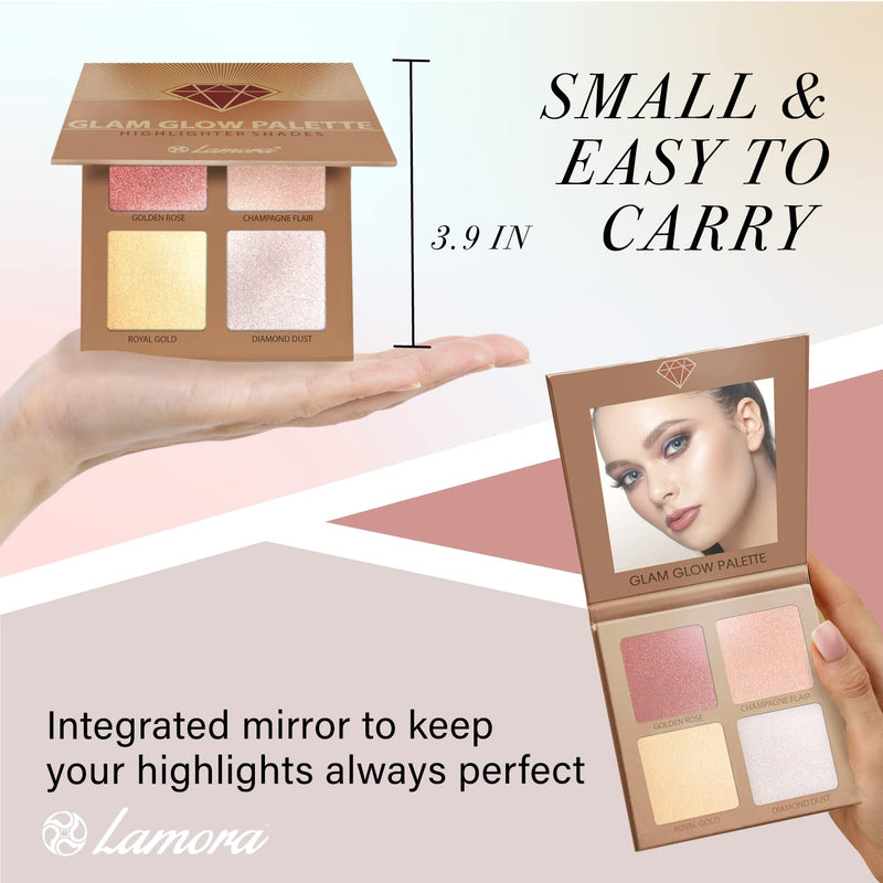 [Australia] - Highlighter Make-up Bronzer Powder Palette - Face Highlighter Makeup Palette Set With Mirror - 4 Highly Pigmented Shimmer Colors For Highlighting And Contouring - Vegan, Cruelty Free & Hypoallergenic 