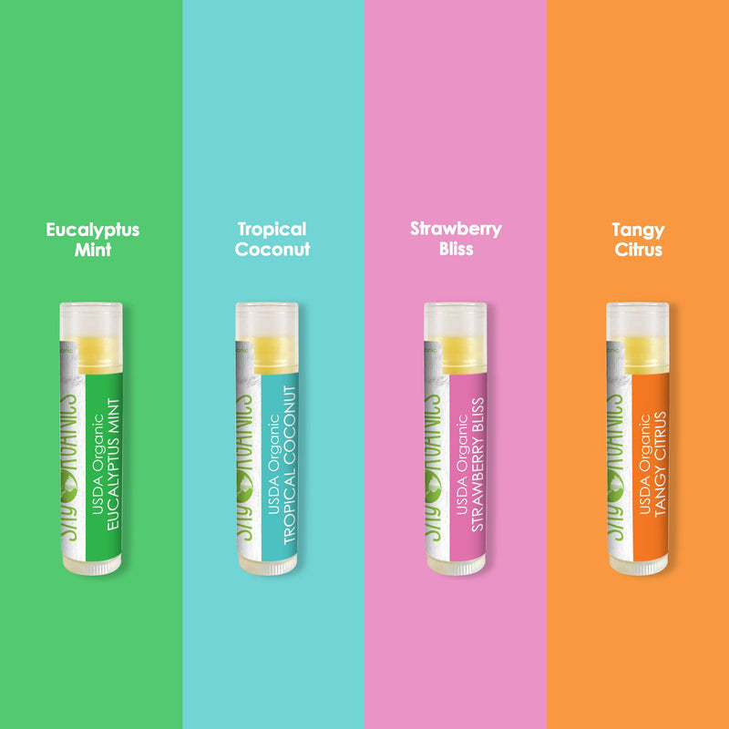 [Australia] - USDA Organic Flavored Beeswax Lip Balms (4 Tubes) Eucalyptus Mint, Tropical Coconut, Strawberry, Tangy Citrus – Beeswax Coconut Oil Vitamin E Lip Butter Chapstick for Dry Lips - For Adults & Kids 4 Lip Balms 