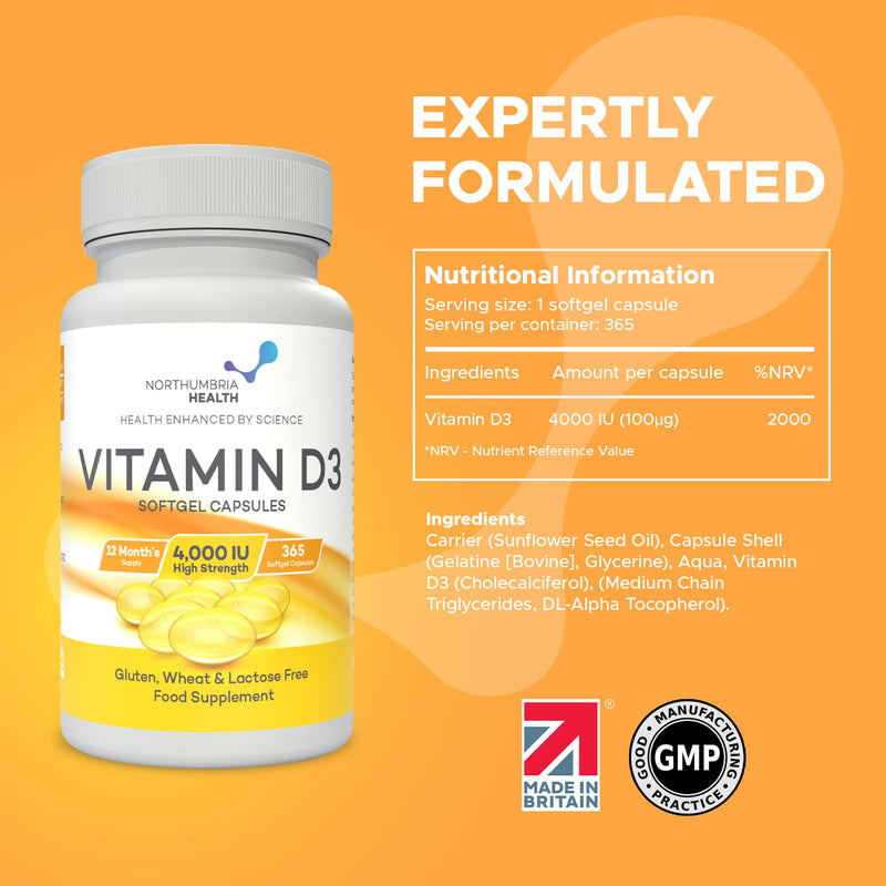 [Australia] - Vitamin D3 Softgels 4,000iu, Maximum Strength, 365 Easy to Swallow Softgels (1 Year Supply) Immune Support, Healthy Bones, Made in The UK by Northumbria Health 