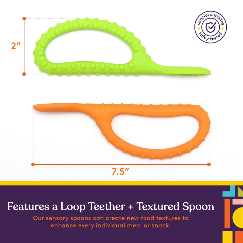 [Australia] - Special Supplies Duo Spoon Loops Oral Motor Therapy Tools, 2 Pack, Textured Stimulation and Sensory Input Treatment for Babies, Toddlers or Kids, BPA Free Silicone with Flexible, Easy Handle Green + Orange 