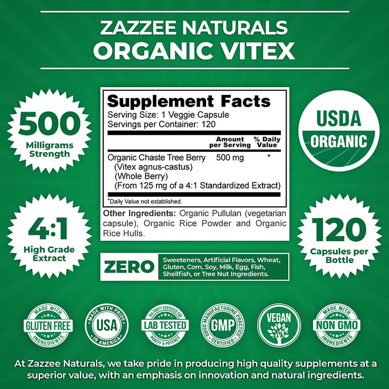 [Australia] - Zazzee USDA Organic Vitex, 500 mg Strength, 120 Vegan Capsules, USDA Certified Organic, Potent 4:1 Extract, Made from Whole Organic Chaste Berry, Vegan, All-Natural and Non-GMO 